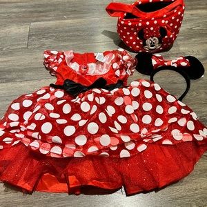 Red Minnie Mouse costume dress, ears and added basket fits 18mth - 3t